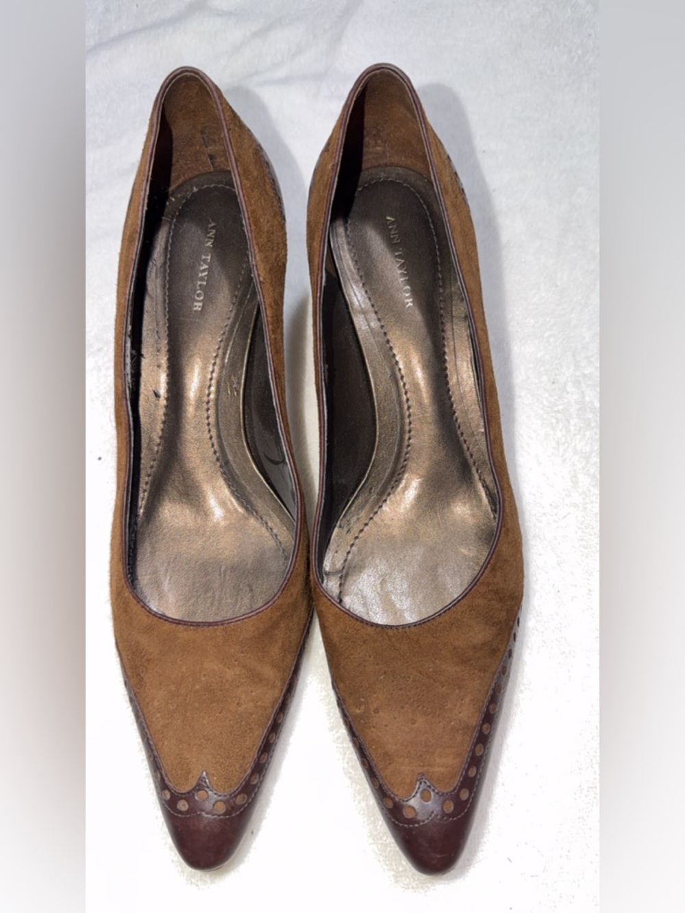 Ann Taylor Brown Suede Pointed Toe Pumps with Scallop Trim